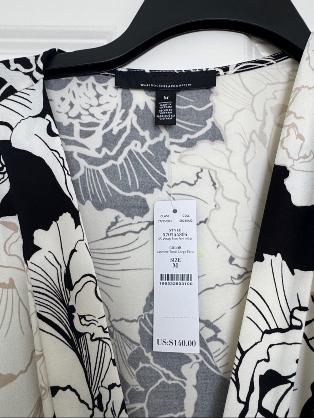 White House Black Market Black, White & Cream Floral Midi Wrap Dress - Picture 2 of 3